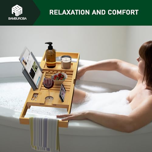 Foldable Bamboo Bathtub Caddy Tray Expandable for Luxury Bath, Bath Accessories & Table with Wine Glass Holder, Book Stand Bathroom Organizer with Extending Sides for Men/Women - color: Natural Bamboo