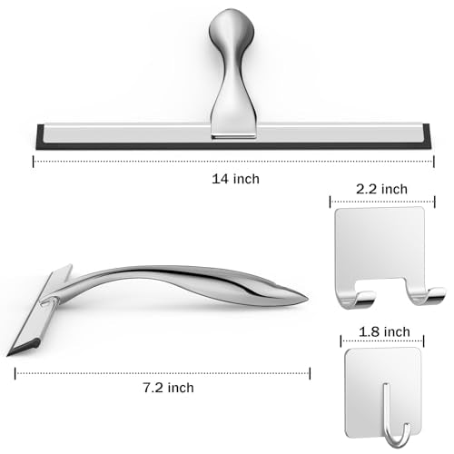 All-Purpose Stainless Steel Shower Squeegee for Shower Glass Door with 2 Adhesive Hooks, Bathroom Cleaner Tool Household Window Mirror Squeegee for Glass Doors, Cleaning Tile Wall, Car, 14 Inch Silver - color: Silver, size: 14 Inch
