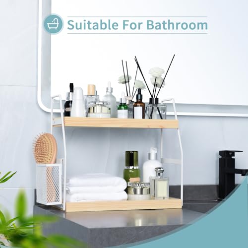 Bathroom Counter Organizer, 2-Tier Standing Storage Shelf with Basket, Wood Tray for Skincare Vanity Organizer(White) - style: 2 Tier White