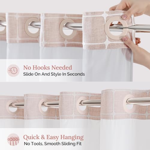 River Dream Farmhouse Pink Shower Curtain with Snap-in Liner, No Hooks Shower Curtain Set, with Tassels for Bathroom Decor,Shower Curtain and Liner with Sheer Window 71x74 Inch - color: Pink, size: 71"W x 74"L (Pack of 1)