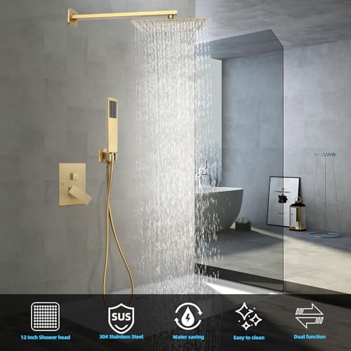 Bathroom Shower Faucet Set，12 Inch Rain Shower Head with Handheld Spray，Brass Shower Valve Trim Kit，Wall Mounted Square Rain Shower System (Brushed Gold) - color: Brushed Gold, size: 12 Inch Shower Head