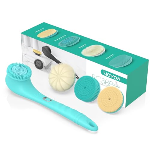 VOYOR Electric Body Brush Back Scrubber Silicone Body Scrubber Two-Way Rotating Brush Head for Deep Cleaning, Exfoliation, 4 Attachments Long Handle IPX6 Rechargeable Shower Brush BC300 (Blue) - color: Blue