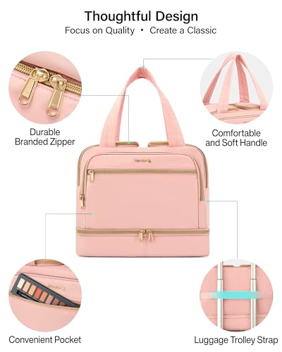 Hanke Travel Toiletry Bag, Lightweight Wide-open Large Toiletry Bags for Women, Dual-Layer Makeup Bag Water-Resistant Cosmetic Travel Bag with Handle for Accessories, Essentials, Pink - color: Pink