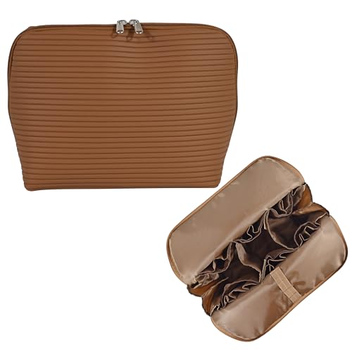 Travel Makeup Bag for Women, Waterproof Stand Up Cosmetic Bag with Brush Holders, Organizer Bag with Compartments, Fold-Down Design for Skincare, Toiletries & Essentials (Brown, Large) - color: Brown, size: Large