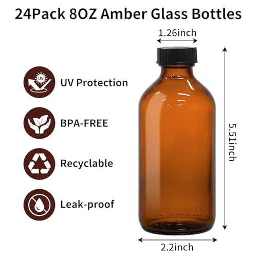 24 Pack 8oz Amber Glass Boston Round Bottles with Phenolic Polycone Caps – Airtight, Leak-Proof Brown Glass Containers for Kombucha Brewing, Storing Condiments, Essential Oils, and Homemade Solutions - size: 8oz
