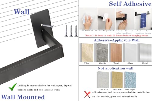 5 Pieces Self Adhesive Bathroom Hardware Set-SUS304 Stainless Steel-Towel Rack Set Include 16″Towel Bar+Toilet Paper Holder+3 Towel/Robe Hooks Bathroom Accessory (Matte Black, 16 in)