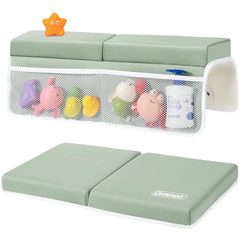 URMYWO Bath Kneeler and Elbow Rest Pad Set - 1.5" Thick Baby Bath Kneeler Pads with Toys Organizer, Anti-Slip Cozy Knee & Arm Support Bathtub Mat, Quick Dry Kneeling Pad for Baby Bath Time - color: Green