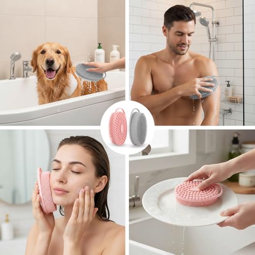 Silicone Body Scrubber 2 Pcs Silicone Loofah Exfoliating Body Scrubber for Men Women Soft Silicones Shower Scrubbers Double Sided Silicones Bath Bodys Brush for All Skin Lather Well, Gray and Pink - size: gray+pink