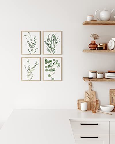 HAUS AND HUES Botanical Plant Wall Art Prints - Set of 4, Plant Wall Decor, Floral Kitchen, Flower Leaves Wall Art, Boho Eucalyptus Decor, Green Botanical Poster (8x10, Beige Frame) - color: Eucalyptus Leaves, size: 8x10, style: Beige Framed