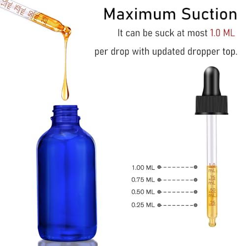 Bumobum Dropper Bottle 2 oz, 2 pack Blue Glass Eye Dropper Bottles with Labels and Funnel, Leakproof Tincture Bottles with Measured Dropper - color: Blue