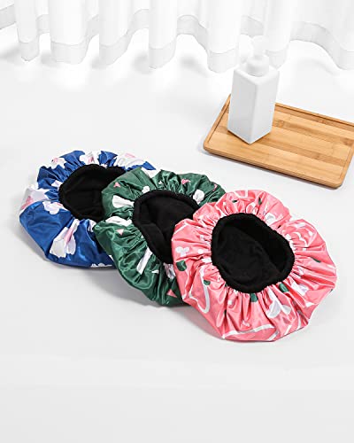 YIZIJIZI Triple Layer Reusable Waterproof Shower Cap for Women Large Terry Lined Hair Cap for Long Thick Hair Travel Bath Care Pink Flowers - color: Pink Flowers