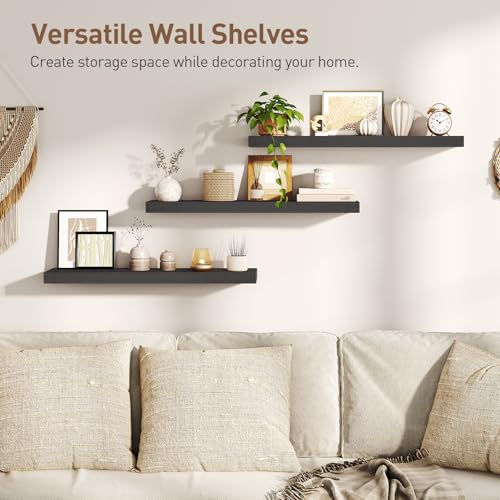 RALGEND Floating Shelves for Wall, 1.5" Thick Wall Shelf Set of 3 with Invisible Brackets, L31.5 x W7.9 Hanging Book Shelves Farmhouse Home Decor for Bathroom, Living Room, Bedroom, Black 8301BJP3BK - color: Black, size: 31.5 Inches