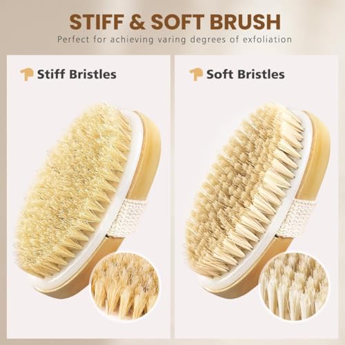 POPCHOSE Dry Brushing Body Brush, Natural Bristle Dry Skin Exfoliating Brush Body Scrub for Flawless Skin, Cellulite Treatment, Lymphatic Drainage and Blood Circulation Improvement - size: 2 Count (PP+Boar Bristles)