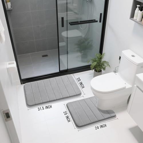Yimobra Memory Foam Bath Mat Set 2 Piece - Super Soft Absorbent Quick Dry Bathroom Toilet Rugs, Machine Washable Non Slip Floor Carpet for Tub Shower & Single Sink (31.5x20 & 24x20, Gray) - color: Grey, size: 31.5x20+24x20 Inch