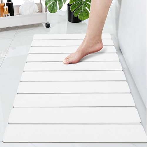 Cuckan Foldable Stone Bath Mats for Bathroom Super Absorbent Diatomaceous Earth Bath Mat Quick Dry Bath Rug Drying Mats with Non Slip Shower Rug Tub Shower Mat - color: White, size: Rug 15x24" + 14x18" Non-slip Mat
