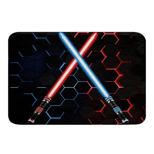 Neon Red Blue Light Up Sword Non Slip Bath Mat Geometric Honeycomb Bathroom Rug for Kids Girls Boys Teens Fashion Games Shaggy Absorbent Floor Mat Black 3D Hexagon Bath Indoor Doormat Decor,16"x24" - color: Lightsaber 1, size: 16" x 24"