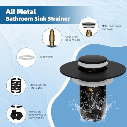 iFealClear Upgraded 4-in-1 Bathroom Sink Drain Strainer, Universal Pop Up Sink Stopper with 2-Layer Detachable Hair Catcher Filter Basket, Drain Stopper Fit 1.1"-2.3" US Basin, Matte Black - color: Matte Black