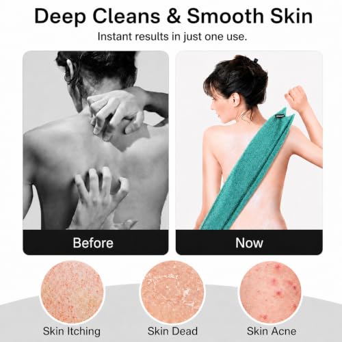 Yiclick Exfoliating Washcloth Towel with Handle, Back Scrubber for Shower, Exfoliating Body Scrubber Exfoliator, Japanese Wash Cloth for Body Scrub, Bath Sponge Loofah Luffa Washer Exfoliator - color: Teal