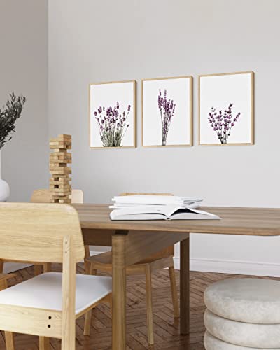 HAUS AND HUES Botanical Wall Art - Set of 3 Calming Lavender Prints, Plant Posters, Minimalist Flower Pictures, Lavender Couch Art Print (Beige Frame, 12x16) - color: Lavender Plants, size: 12"L x 16"W, style: Beige Framed