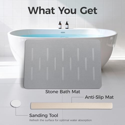 Large Stone Bath Mat 2 Pack, 31.5'' x 19.7'' Quick Drying Diatomaceous Earth Mat Large, Super Absorbent, Non Slip Diatomite Stone Bath Rugs for Bathroom, Easy to Clean (Light Grey) - color: Light Grey