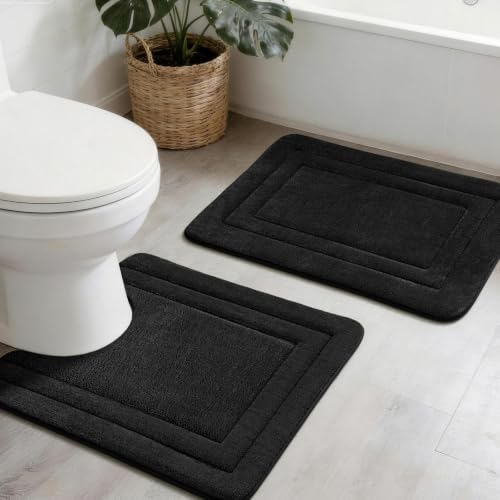 YIHOUSE Bathroom Rugs Sets 2 Piece, Towel-Like Soft Absorbent Thick High Density Memory Foam Bath Mat Set, Non-Slip Machine Washable Bath Rugs for Bathroom, Tub & Shower (24"x17"+24"x20"U, Black) - color: Black, size: 1'8" x 2' (17"x24"+20"x24"U)