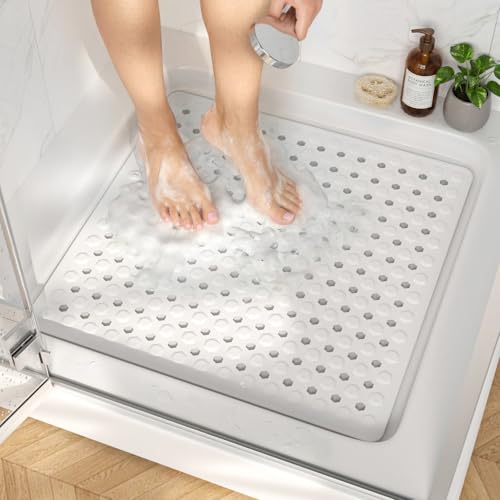 HITSLAM Shower Mat Anti Slip, Square Bath Mat for Tub Non Slip with Suction Cups and Drain Holes, 21x21 Inch Bathroom Shower Stall Floor Mat, Machine Washable, Soft on Feet, White - color: White, size: 21" x 21" (Square)