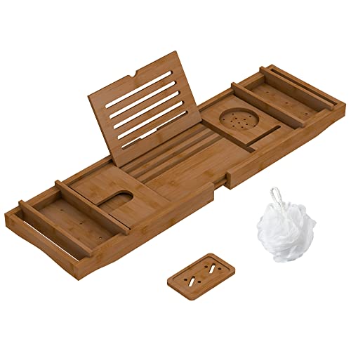 Bamboo Bathtub Tray for Luxury Bathroom, Expandable Premium Bath Tray with Soap Towel Book Holder, Luxury Spa Wooden Bath Table for Reading Laptop Over The Clawfoot Walnut - color: Walnut