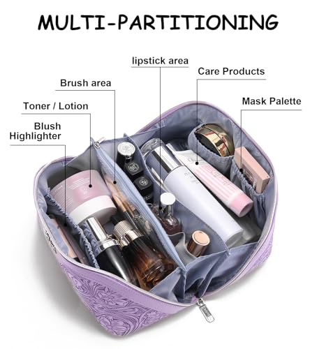 BOYATU Travel Makeup Bags Cosmetic Organizer Bag: 3 Pcs Set Large Capacity Floral Make up Bag with Compartments - Waterproof Leather Toiletry Bags with Handle for Women (21-Purple) - color: 21-Purple