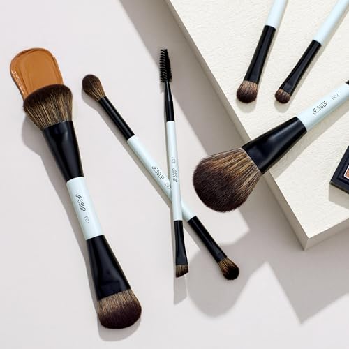 Jessup Makeup Brush Set 6pcs Double Sided Makeup Brushes Foundation Contour Blush Highlight Blending Eyebrow Brush Eyeshadow Brush, Vegan Fiber Make up Brush Bright Cyan T501 - style: T501-6pcs