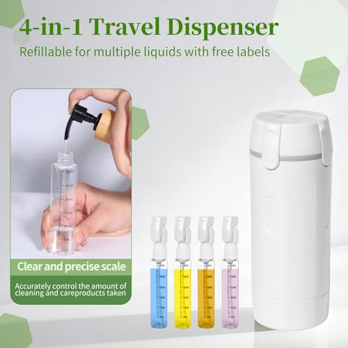 4 in 1 Travel Dispenser, Travel Bottles for Toiletries, Leak Proof Refillable Dispenser Set for Shampoo Conditioner Lotion Cream, Portable Containers for Vacation and Business Travel (White)