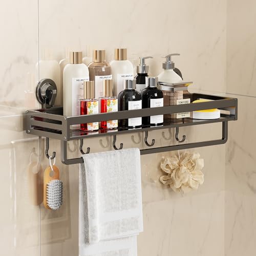 Suction Cup Shower Caddy, 11.8 inch Extended Version, with 5 Hooks & Towel Rrack, No Drilling Required, Rust-Resistant Bathroom Shower Organizer,Dark Grey - size: 11.8 inches
