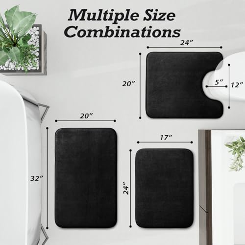 HUXMEYSON Bathroom Rugs Sets 3 Piece, Non-Slip & Quick Dry Bath Mat Set, Ultra Soft Velvet Bath Rugs for Bathroom, Toilet and Shower Floor, Black - color: Black, size: 17"x24"+20"x32"+U Shape 20"x24"