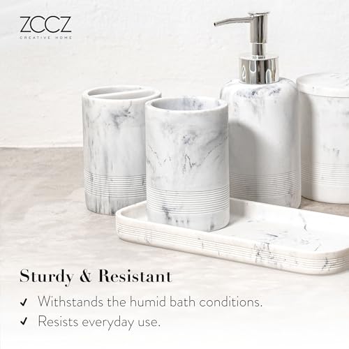 ZCCZ White Marble Bathroom Accessories Set 6 Pieces - Toothbrush Holder, Lotion Dispenser, Qtip Container, Vanity Tray, Tumbler - Countertop Organizer for Bathrooms - Elegant and Functional Décor Set - color: White Marble, size: 6pcs