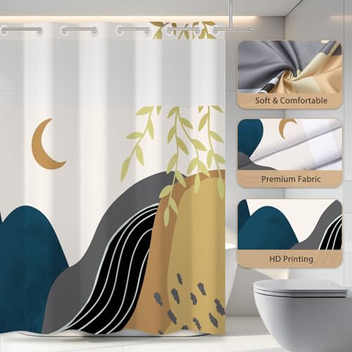 No Hook Shower Curtain Mid Century Boho with Snap in Liner, Hotel Grade Abstract Modern Shower Curtains Set for Bathroom, Spa Like Bath Curtain, Blue, 59" W x 79" L - color: 01 Mid Century - Blue, size: 59"W x 79"L (Pack of 1)