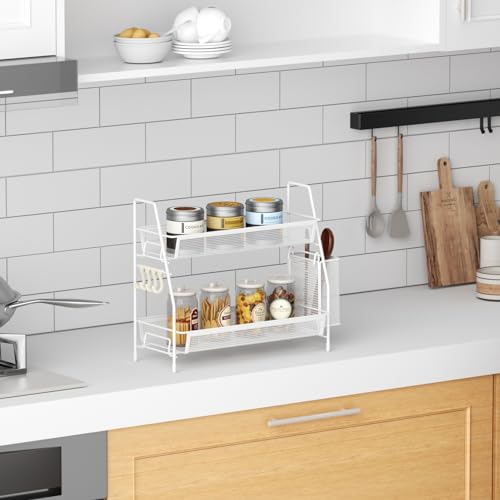 VITVITI 2-Tier Bathroom Organizer Countertop, Metal Wire Mesh Bathroom Counter Organizer Storage with Basket Hooks, Vanity Tray Shelf, Kitchen Spice Rack, White - color: 2 Tier Large White