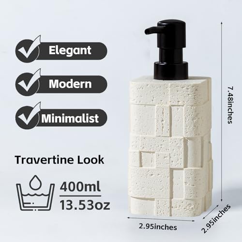 Soap Dispensers 13.5 OZ, 2 PCS Travertine Stone Look, White | Luxurious, Modern, Hand Dish Lotion Shampoo Soap Dispenser Jar with Pump Bottles for Kitchen Sink Bathroom Countertop - color: White