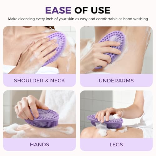 2 Pack Silicone Body Scrubber, Exfoliating Shower Scrubber for All Skin | 2 in 1 dual-sided design, soft bristles and massage bumps side, fast-drying, non-slip handle, for women and men, Black+Purple - color: Black&purple