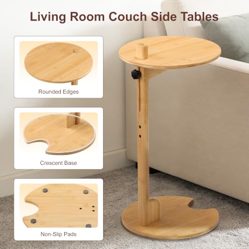 Bamboo C-Shaped Side End Table for Sofa | Slides Under Couch; Round Solid Bamboo Top; Works as Laptop Desk & TV Tray; Space-Saving for Small Living Rooms and Bedrooms - color: Natural