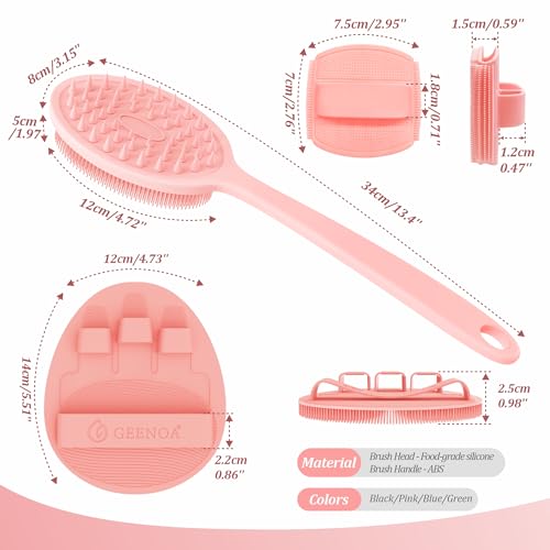 Silicone Back & Face Scrubber & Bath Glove Set 3PCS, 13.4'' Gentle Back Scrubber with Dual-Side Head, 360° Anti-Slip Bath Glove, Unique Side-bristled Face Scrubber for All-Round Cleaning(Pink) - color: Pink*3