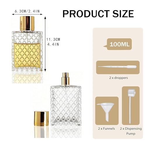 YU FENG 2 Pack 100ml Diamond Lattice Glass Perfume Spray Bottles, Atomizer | Diamond Lattice Texture, Gold Sprayer And Cap, Elegant Refillable Bottle, Fine Mist Atomizer For Perfume, Home And Travel Use - style: Diamond Lattice Texture