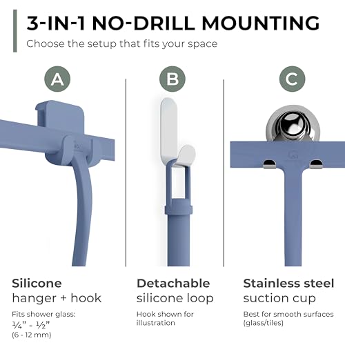 GÜTEWERK Silicone Shower Squeegee for Glass Doors & Mirrors with Stainless Steel Core, Streak-Free & No-Squeak Window Cleaning, 3-in-1 No-Drill Mount (Hook/Suction/Adhesive),Blue, 11 Inches - color: Blue, size: 11 Inches