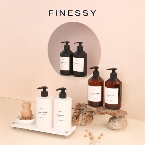 FINESSY Refillable Shampoo and Conditioner Dispenser Wall Bottles with Pump, Bathroom Body Wash Soap and Shampoo Dispenser for Shower Wall 3 Chamber No Drill, Shower Bottles Refillable with Labels - color: Luxe Amber