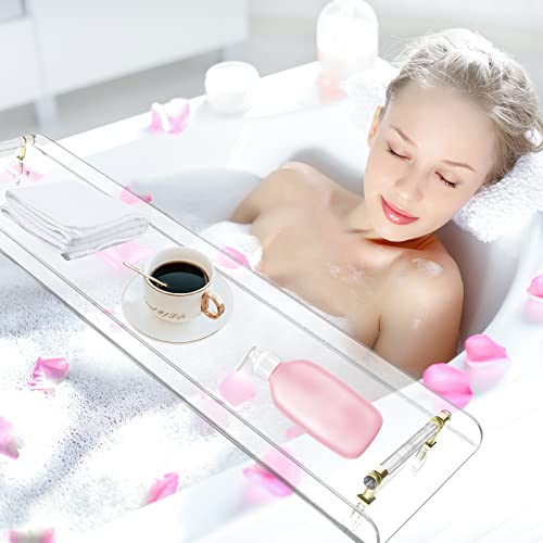 Acrylic Bathtub Tray Caddy, Clear Bath Shelf Tub Rack with Golden Handle, Luxury Bathtub Organizer Tablet Holder for Bathrooms, Toilets, Bedrooms