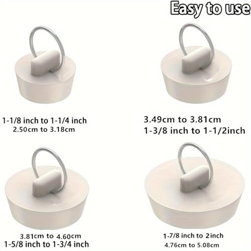 Drain Stopper Set,4 Sizes Bathtub Stopper Rubber Sink Stoppers Set White Stopper Plug with Hanging Ring for Bathtub, Kitchen and Bathroom