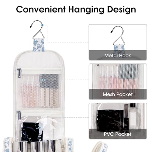 Narwey Hanging Toiletry Bag for Women Travel Makeup Bag Organizer Toiletries Bag for Cosmetics Essentials Accessories - color: Z-Little Blue Flower