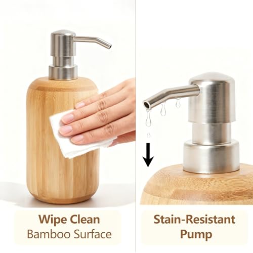 Round Bamboo soap and Lotion Pump Dispenser Bottle (10OZ/290ML) | Soap dispenser for kitchen and bathroom hand sanitizer, shower gel, shampoo