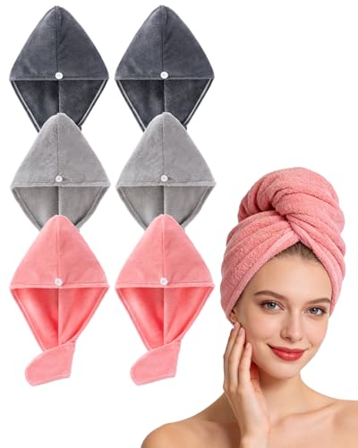 Lumimi 6 Pack Microfiber Hair Towel Wrap for Women,Super Absorbent Quick Dry Lightweight Turban with Button Anti Frizz Fast Drying for Straight Curly Hair - color: Red+red+grey+grey+darkgrey+darkgrey