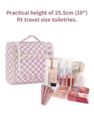 Narwey Checkered Hanging Travel Toiletry Bag for Women, Travel Bag for Toiletries, Makeup Bag Organizer Cosmetic Bags Make Up Bags for Women (Dusty Rose Checkerboard) - color: C-Dusty Rose Checkerboard, size: Large