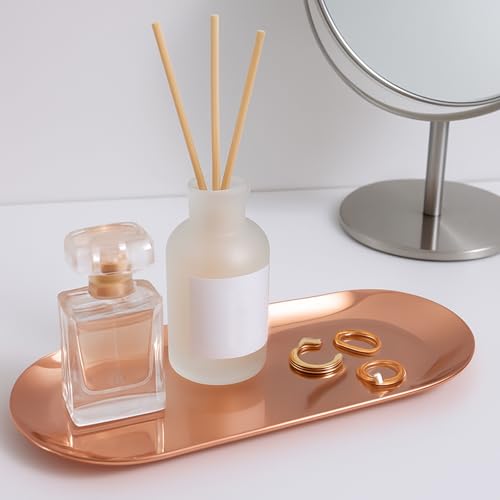 Dnyta 2Pcs Stainless Steel Decorative Tray, Decor Jewelry Dish Rose Gold Bathroom Decor Makeup Serving Trays for Dresser, 9 x 3.7in Cosmetics Home Decor for Keys Watch Wallet Trinket (Oval, Rose Gold) - style: Oval rose gold style (2pcs)