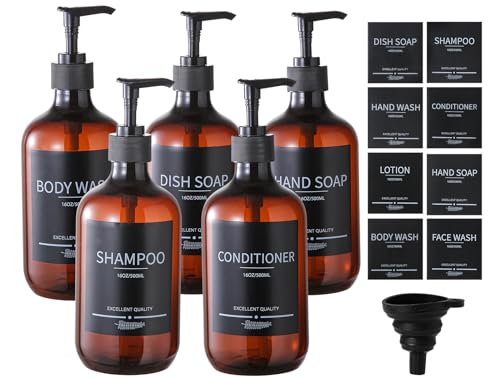 5Pack Amber Shower Bottles Refillable with Labels,16.9oz(500ml) Reusable Shampoo and Conditioner Bottles,Shampoo Dispenser Bottles - color: Amber